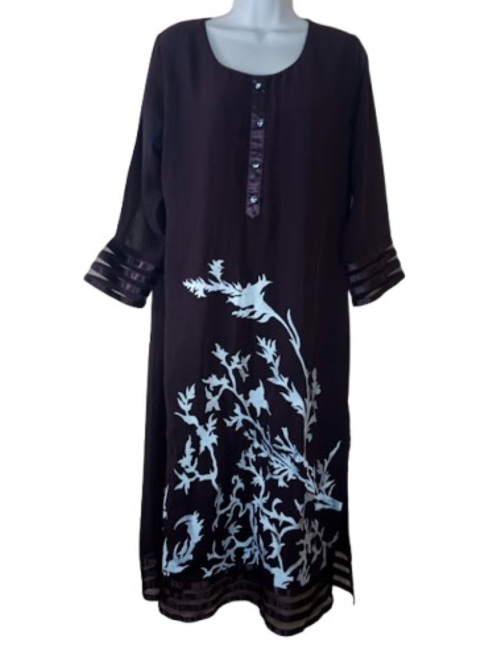 Vintage Excellent Womens Kaftan Maxi Dress Brown Asian  Floral Embroidery XL